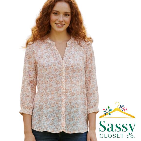 Jachs Girlfriend NY White Brown Floral Blouse Split Neck Pintuck Hem Size M EUC - Picture 1 of 8